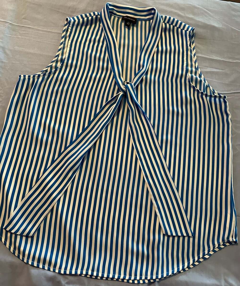 The Limited Striped Tie Neck Blouse Size XL Blue White Sleeveless